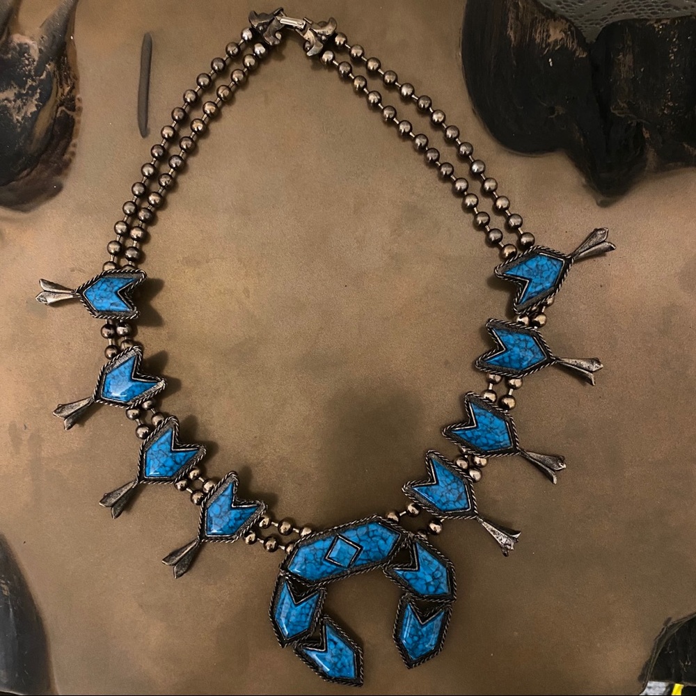 Squash Blossom Turquoise Silver Statement Necklace! long beaded arrows 24” - Picture 2 of 6